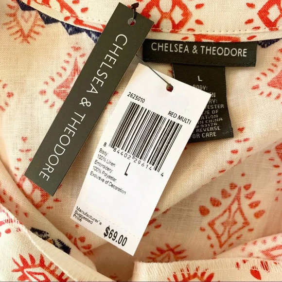 Chelsea & Theodore Linen Embroidered Boho Top Size L NWT - Picture 12 of 13